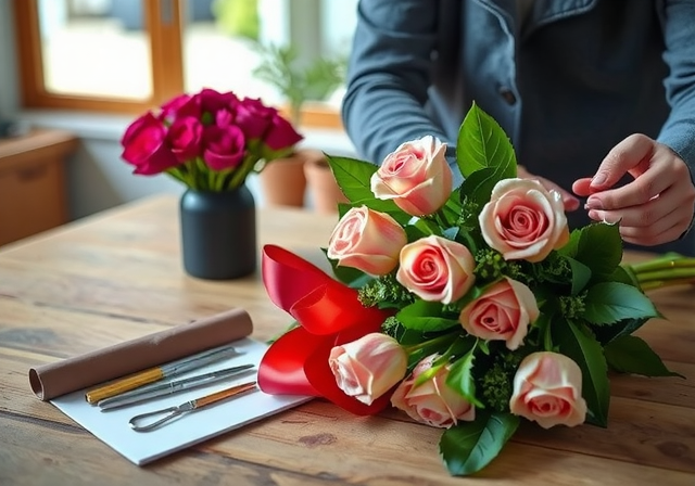 Florist hands arranging bouquet - el yapımı buketler process